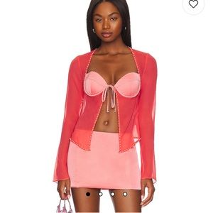 Danielle Guizio pink Scallop Trim top and satin mini skirt set